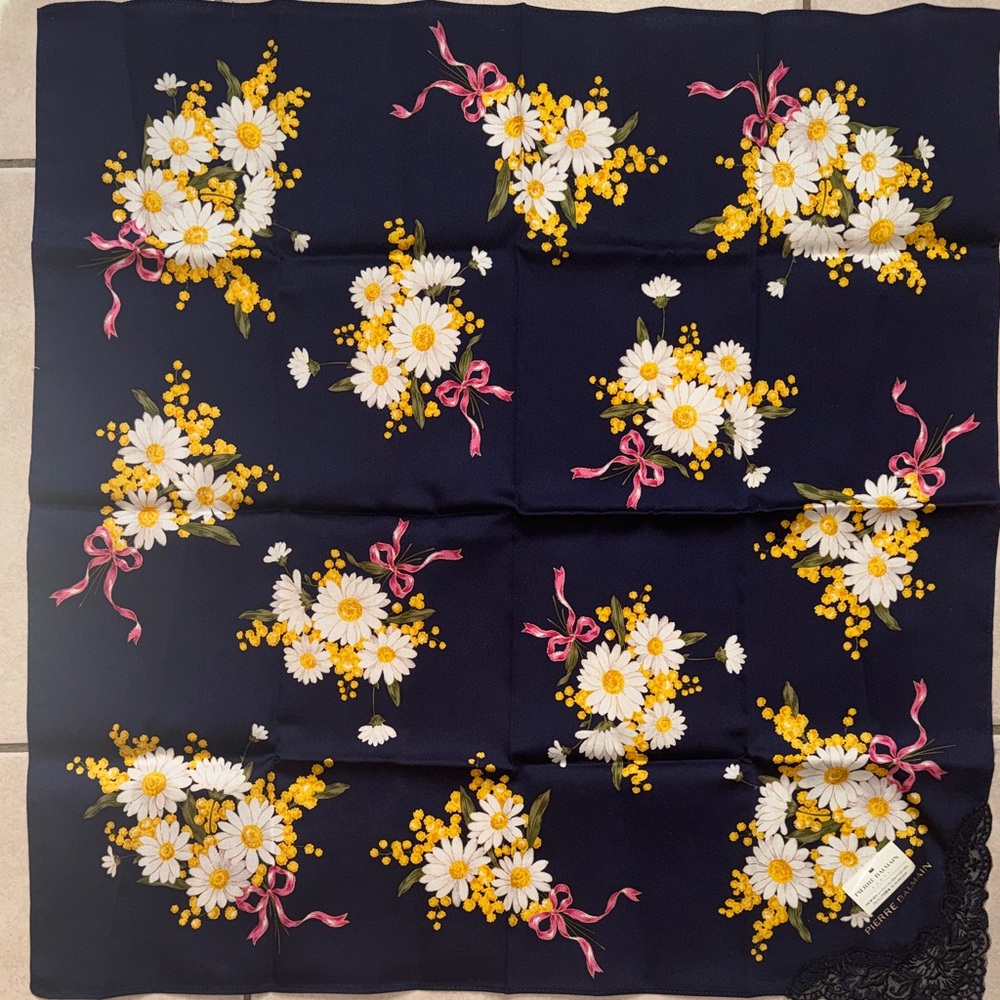 Pierre Balmain Floral Scarf in Navy with Yellow and Pink - Picture 3 of 7